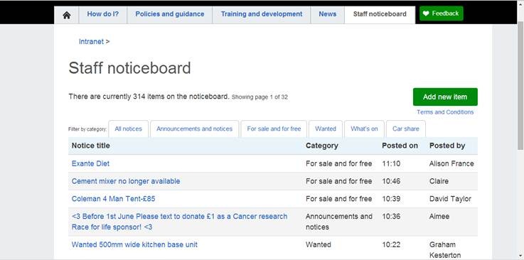A screenshot of our custom Staff Noticeboard